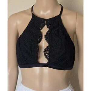 VICTORIA'S SECRET black LACE CUTOUT STRAPPY BACK HIGH NECK BRALETTE BRA size L